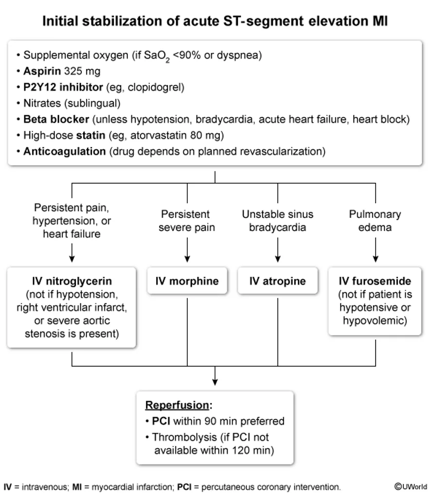Initial stabilization of acute STEMI: oxygen if saturation is below 90% or dyspnea, aspirin 325 mg, a P2Y12 inhibitor, sublingual nitrates, a beta blocker (unless hypotension, bradycardia, acute heart failure or heart block), a high-dose statin and anticoagulation. Then IV nitroglycerin, IV morphine, IV atropine or IV furosemide for persistent pain, severe pain, unstable bradycardia or pulmonary edema, and reperfusion (PCI within 90 minutes, thrombolysis if PCI is not available within 120 minutes).